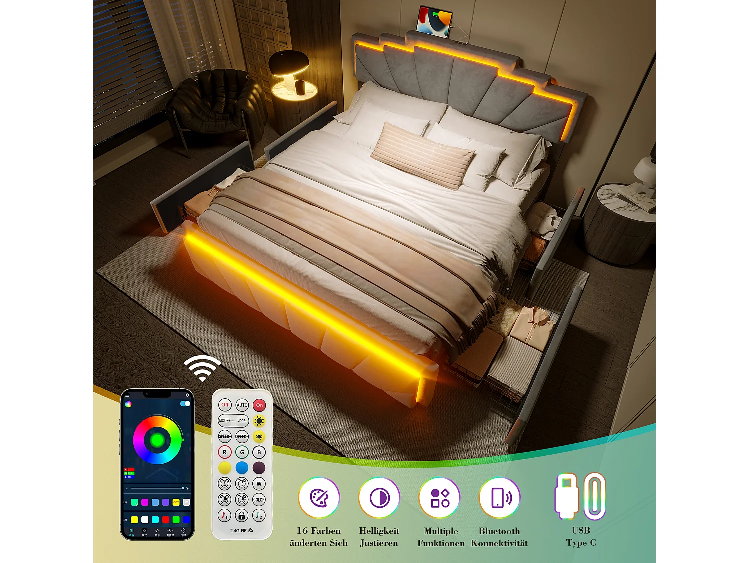 Gestoffeerd opbergbed - 160 x 200 cm - met hoofdeinde + LED's + USB Type-C + 4 lades - fluweel - grijs