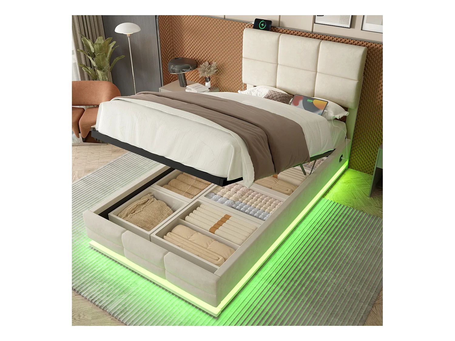 Lit coffre rembourré - 90 x 200 cm - tête de lit réglable - avec USB + Leds - rangement hydraulique - velours - beige