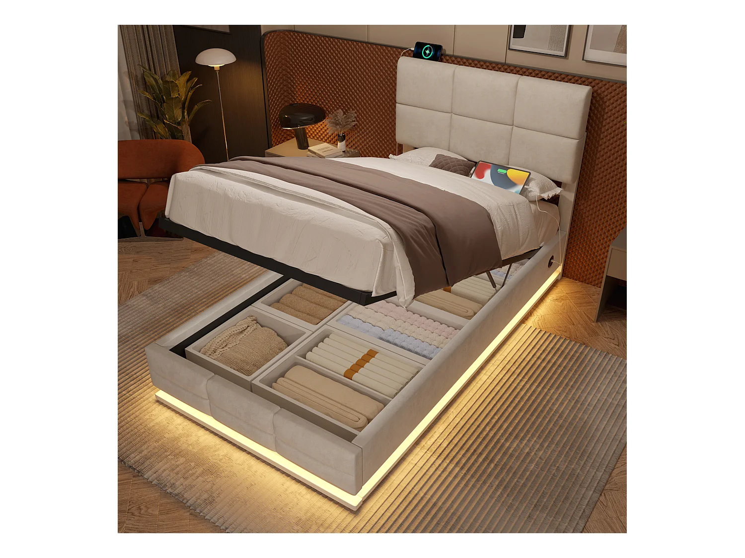 Lit coffre rembourré - 90 x 200 cm - tête de lit réglable - avec USB + Leds - rangement hydraulique - velours - beige
