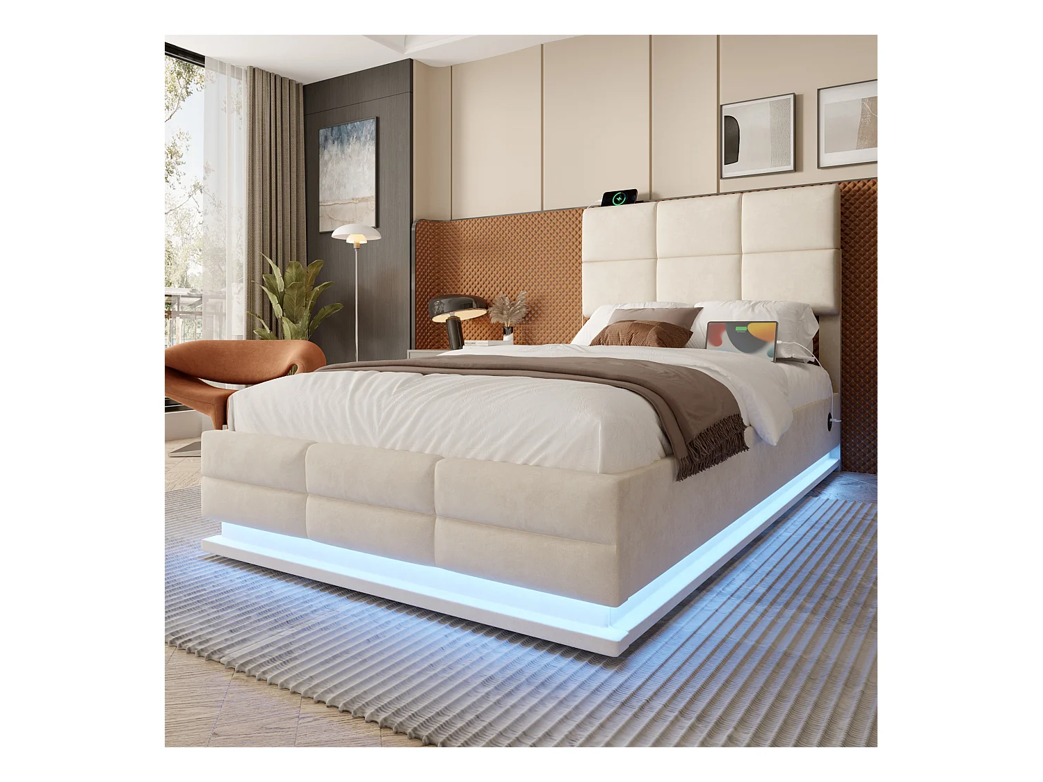 Lit coffre rembourré - 90 x 200 cm - tête de lit réglable - avec USB + Leds - rangement hydraulique - velours - beige