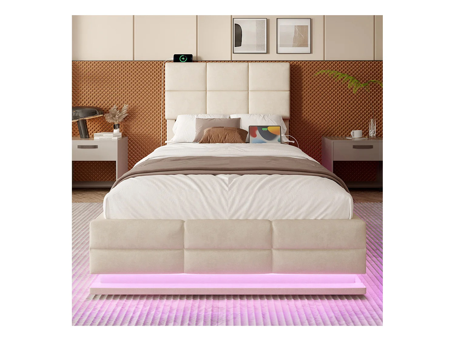 Lit coffre rembourré - 90 x 200 cm - tête de lit réglable - avec USB + Leds - rangement hydraulique - velours - beige