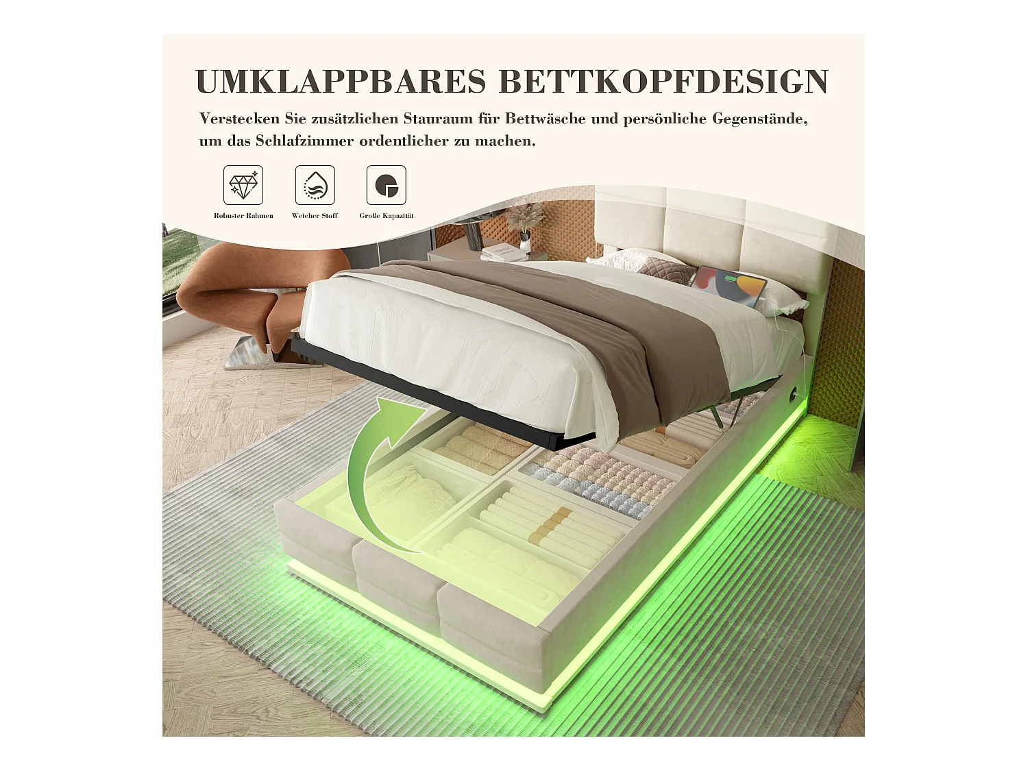 Lit coffre rembourré - 90 x 200 cm - tête de lit réglable - avec USB + Leds - rangement hydraulique - velours - beige