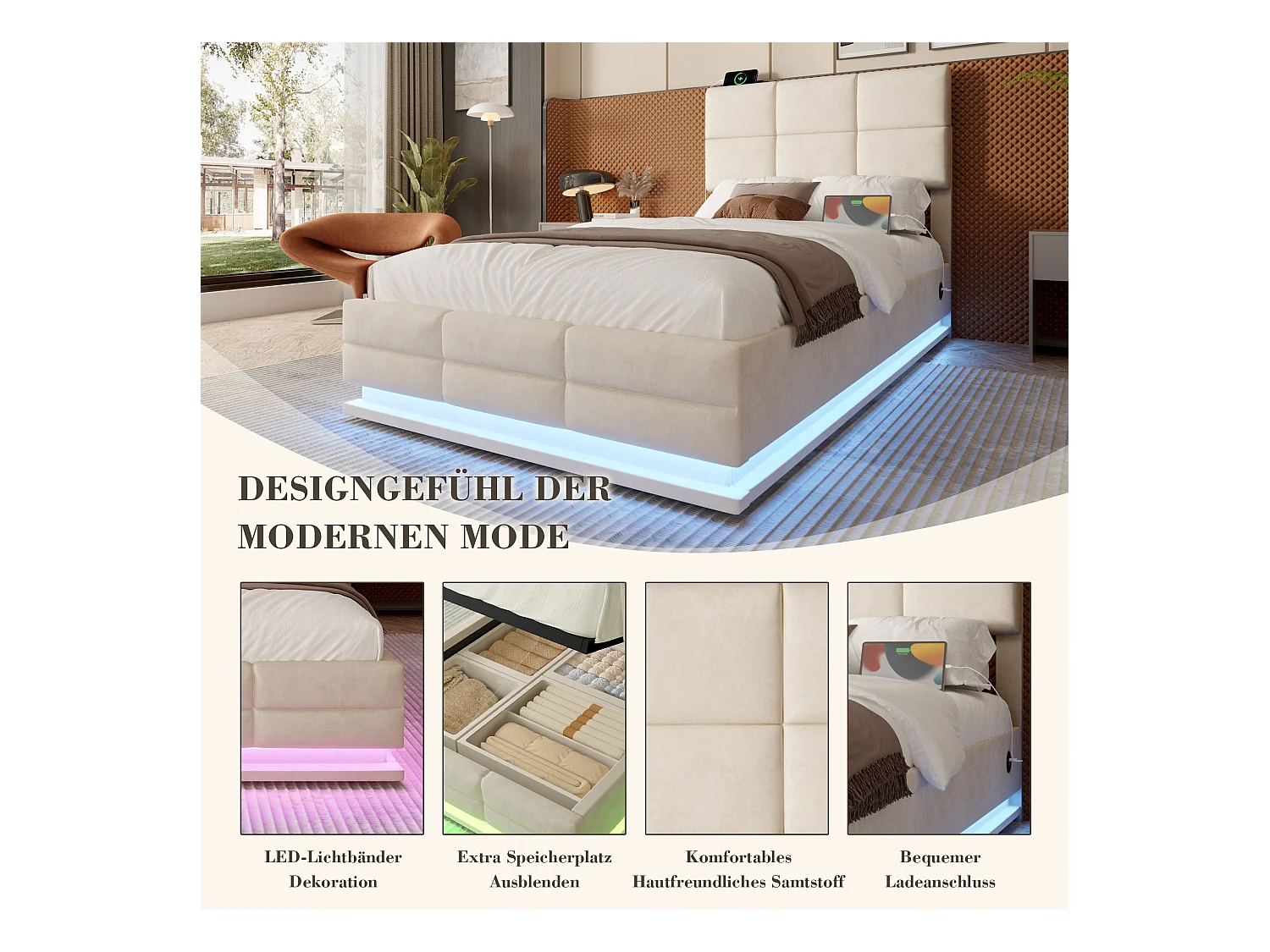 Lit coffre rembourré - 90 x 200 cm - tête de lit réglable - avec USB + Leds - rangement hydraulique - velours - beige