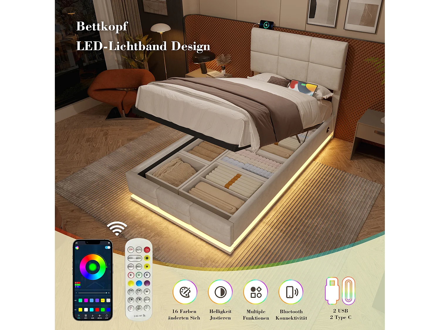 Gestoffeerd opbergbed - 90 x 200 cm - verstelbaar hoofdeinde - met USB + LED's - hydraulische opbergruimte - fluweel - beige