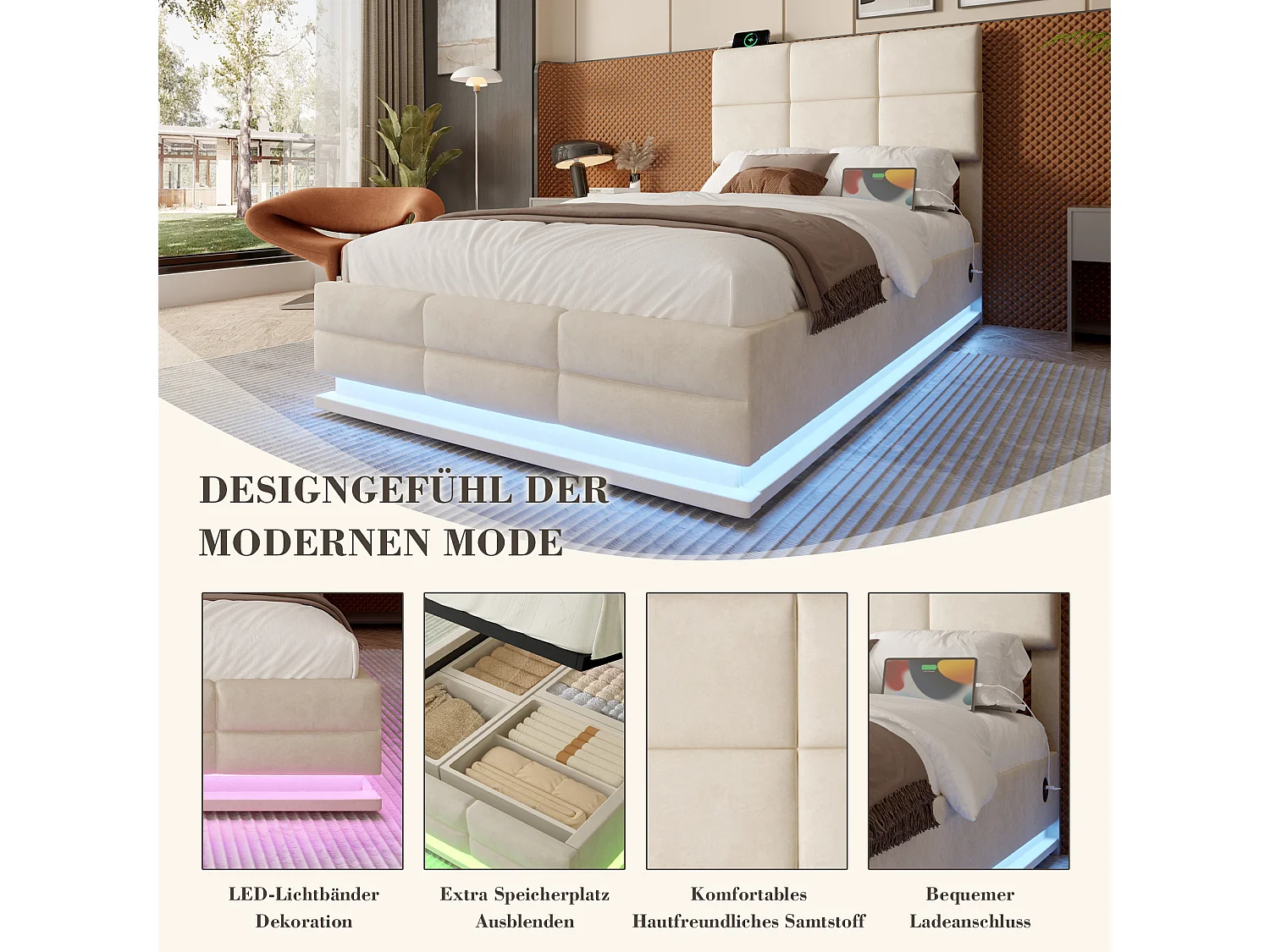 Gestoffeerd opbergbed - 90 x 200 cm - verstelbaar hoofdeinde - met USB + LED's - hydraulische opbergruimte - fluweel - beige