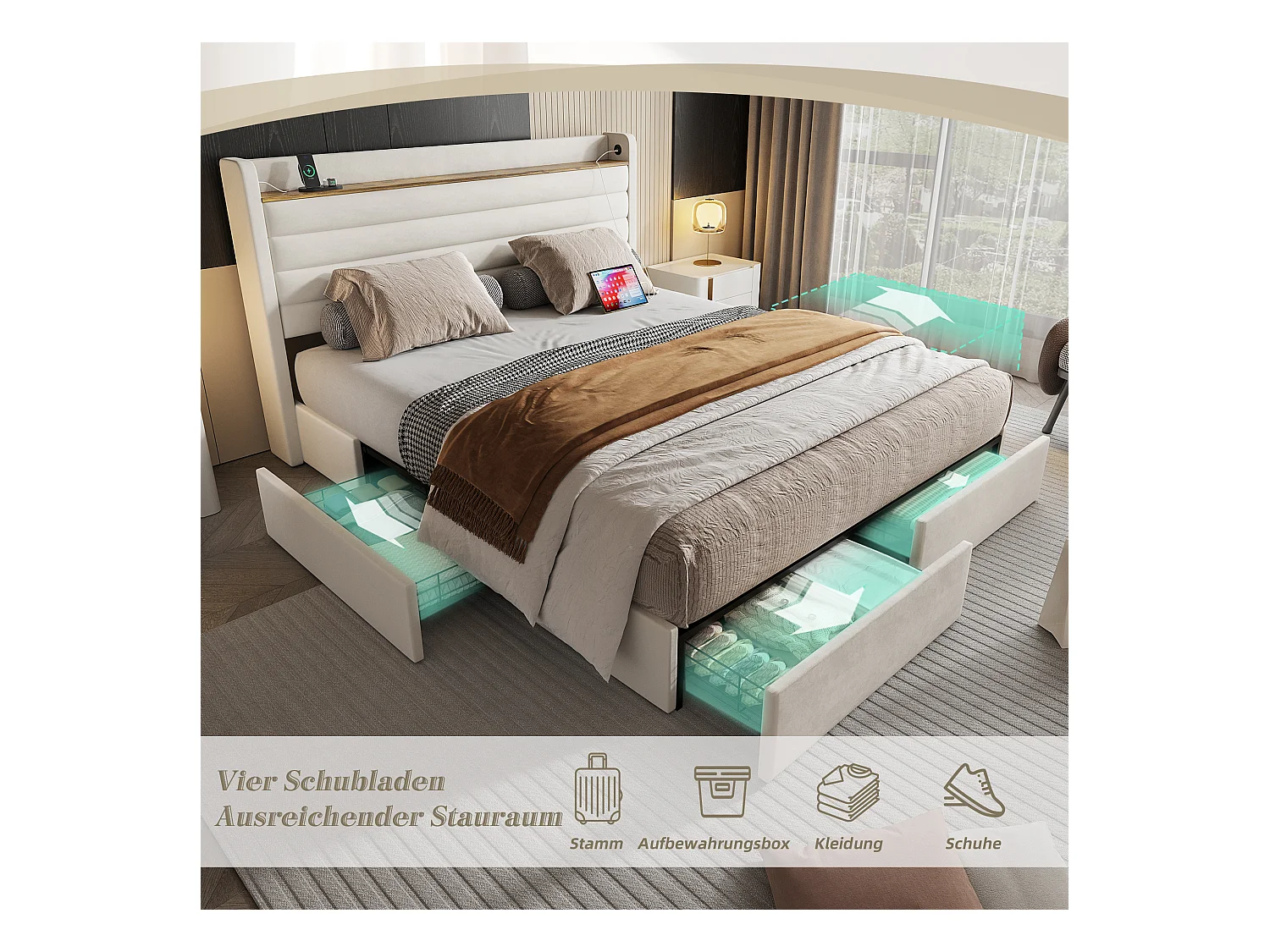 Lit coffre rembourré - 160 x 200 cm - tête de lit avec port USB et rangement + 4 tiroirs - velours - beige