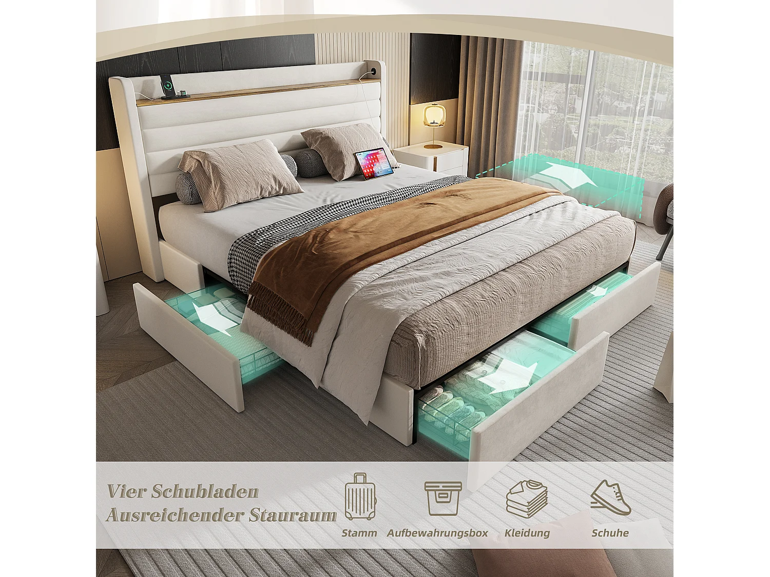 Lit coffre rembourré - 160 x 200 cm - tête de lit avec port USB et rangement + 4 tiroirs - velours - beige