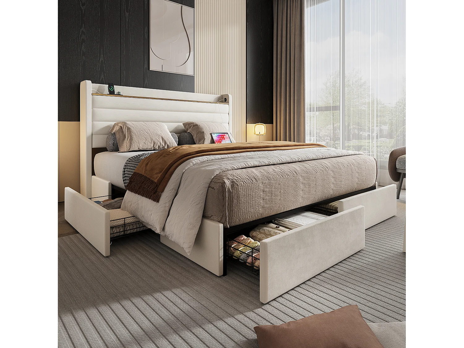 Lit coffre rembourré - 160 x 200 cm - tête de lit avec port USB et rangement + 4 tiroirs - velours - beige