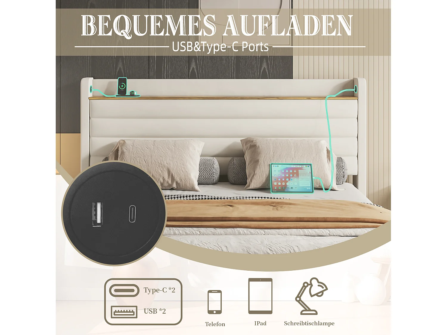 Lit coffre rembourré - 160 x 200 cm - tête de lit avec port USB et rangement + 4 tiroirs - velours - beige