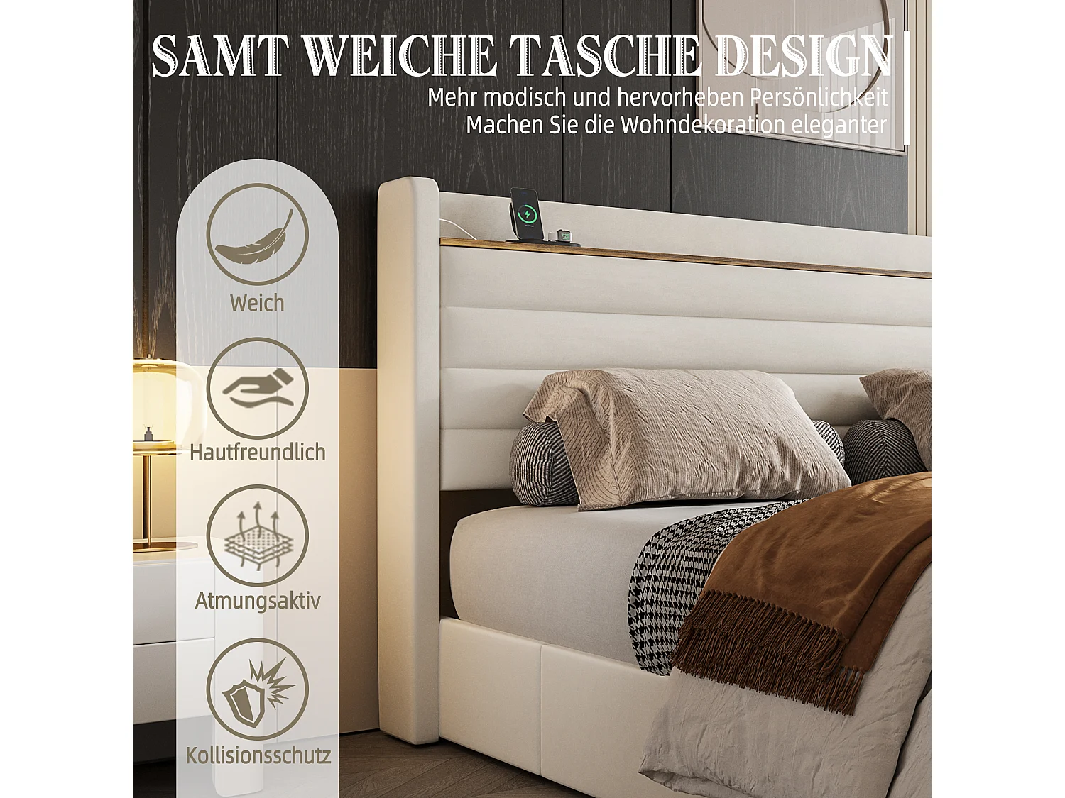 Lit coffre rembourré - 160 x 200 cm - tête de lit avec port USB et rangement + 4 tiroirs - velours - beige