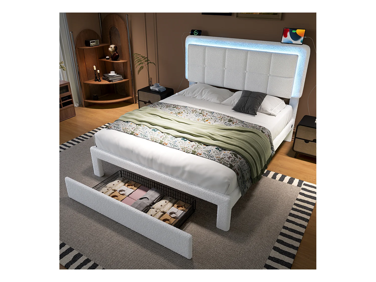 Gestoffeerd bed - 160 x 200 cm - ijzeren en houten structuur - verstelbaar hoofdeinde + LED's + USB + 1 lade - fluweel - wit