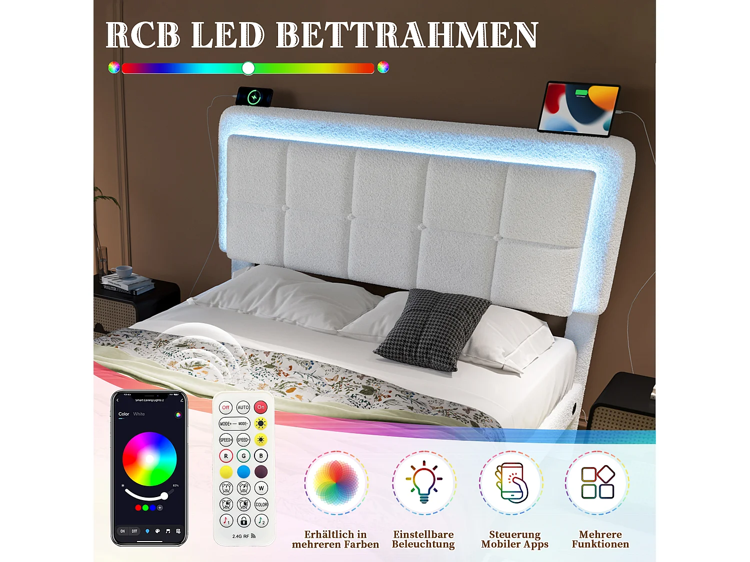 Polsterbett - 160 x 200 cm - Struktur aus Eisen und Holz - verstellbares Kopfteil + LEDs + USB + 1 Schublade - Samt - weiß