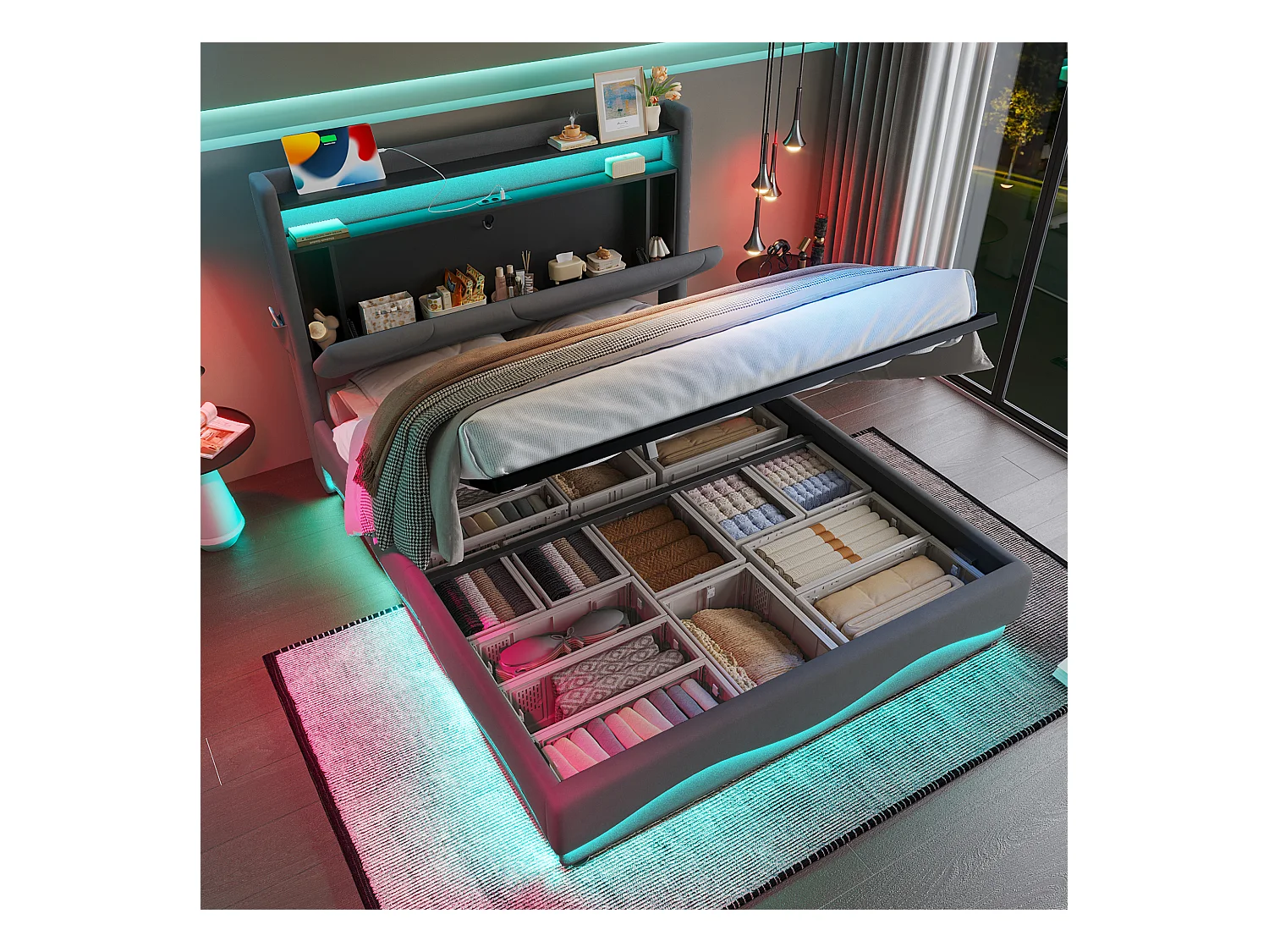 Gestoffeerd opbergbed - 160 x 200 cm - hoofdeinde met led-lampjes en planken - met USB-poorten + zijzakken - grijs - fluweel