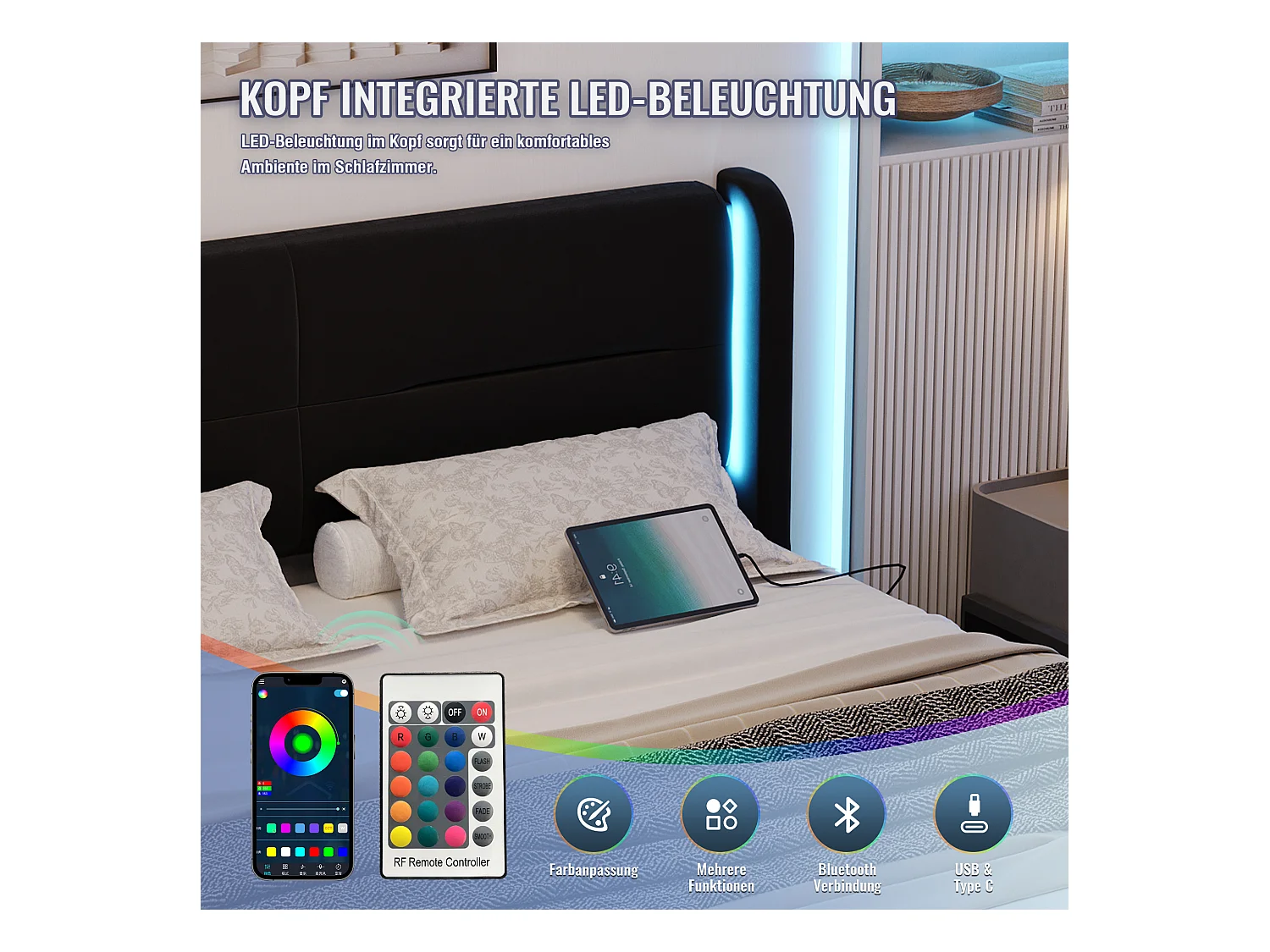 Lit coffre moderne - 140 x 200 cm - tête de lit avec Leds + 4 tiroirs + 2 USB - velours - noir