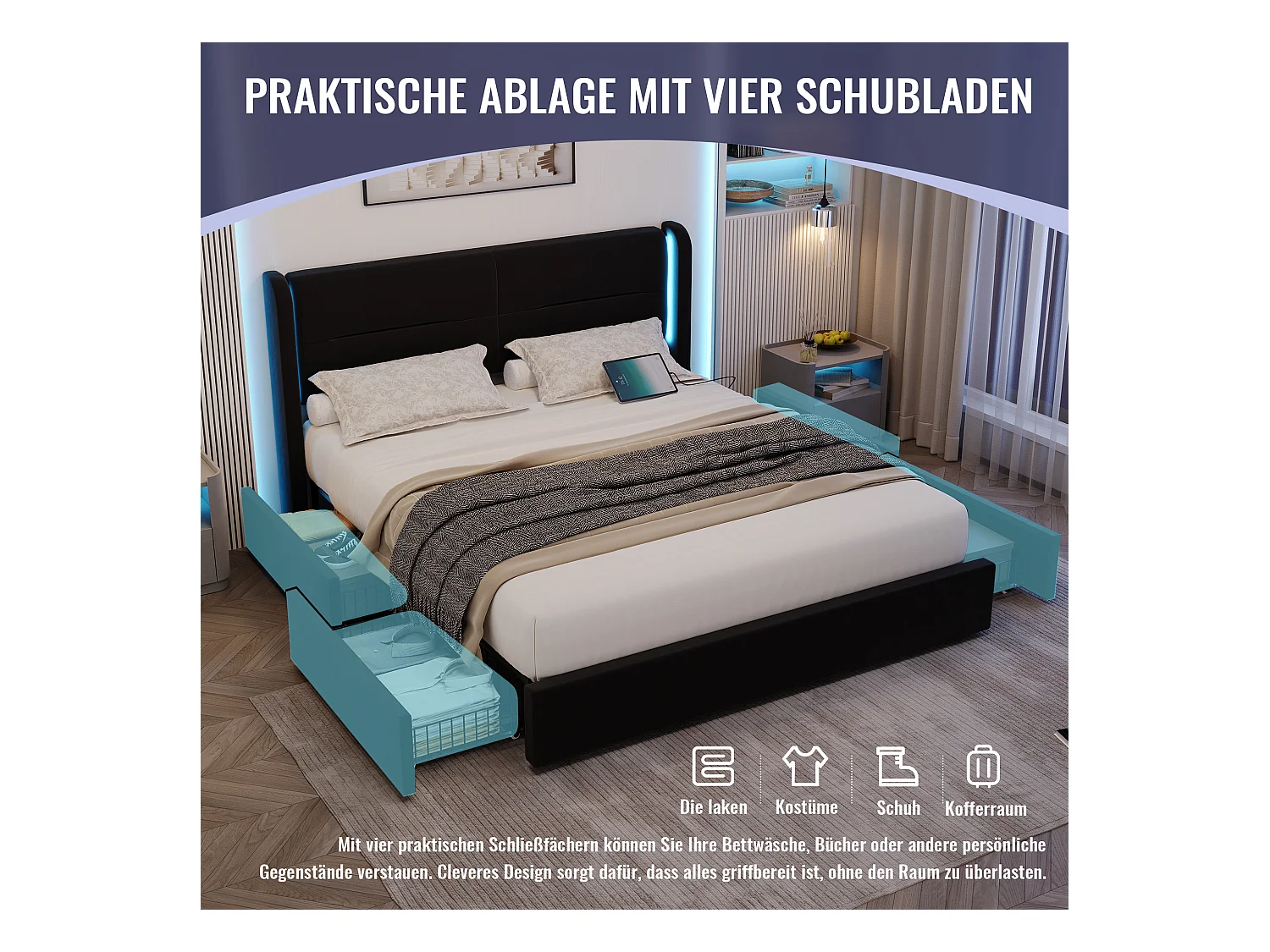 Lit coffre moderne - 140 x 200 cm - tête de lit avec Leds + 4 tiroirs + 2 USB - velours - noir