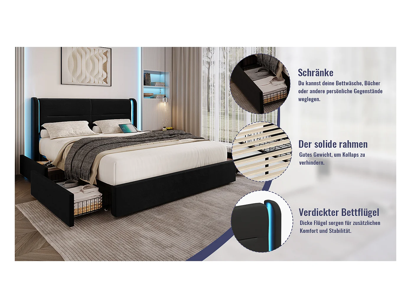 Lit coffre moderne - 140 x 200 cm - tête de lit avec Leds + 4 tiroirs + 2 USB - velours - noir