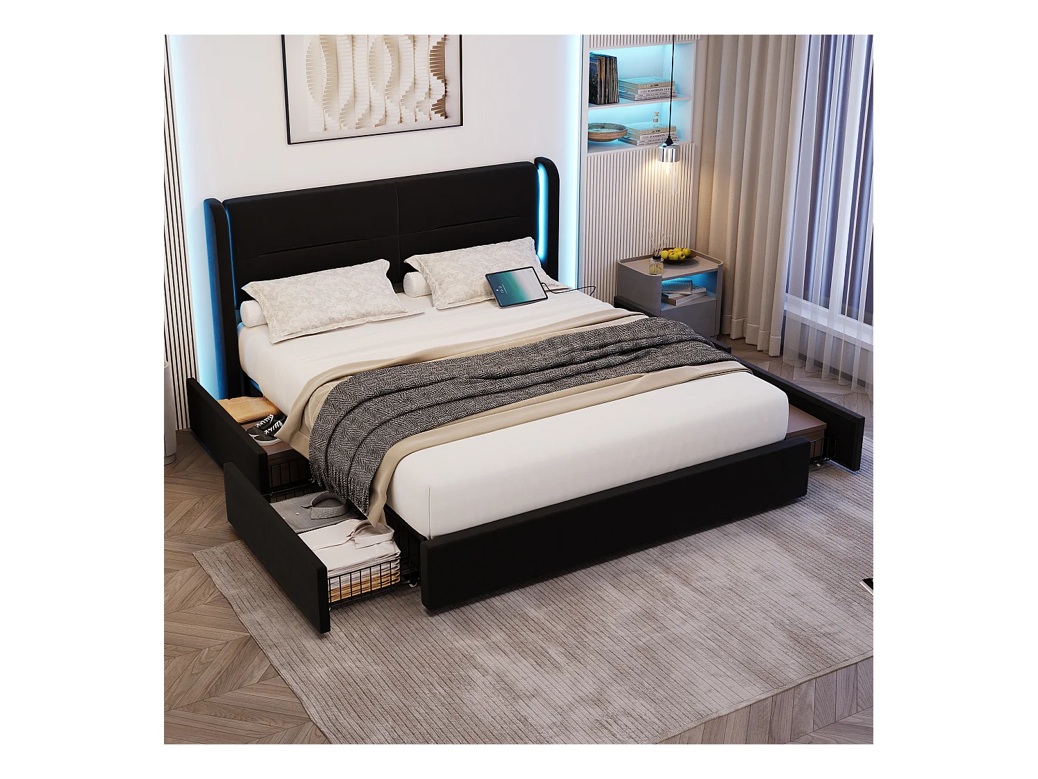 Cama moderna con almacenaje - 140 x 200 cm - cabecero con LED + 4 cajones + 2 USB - terciopelo - negro