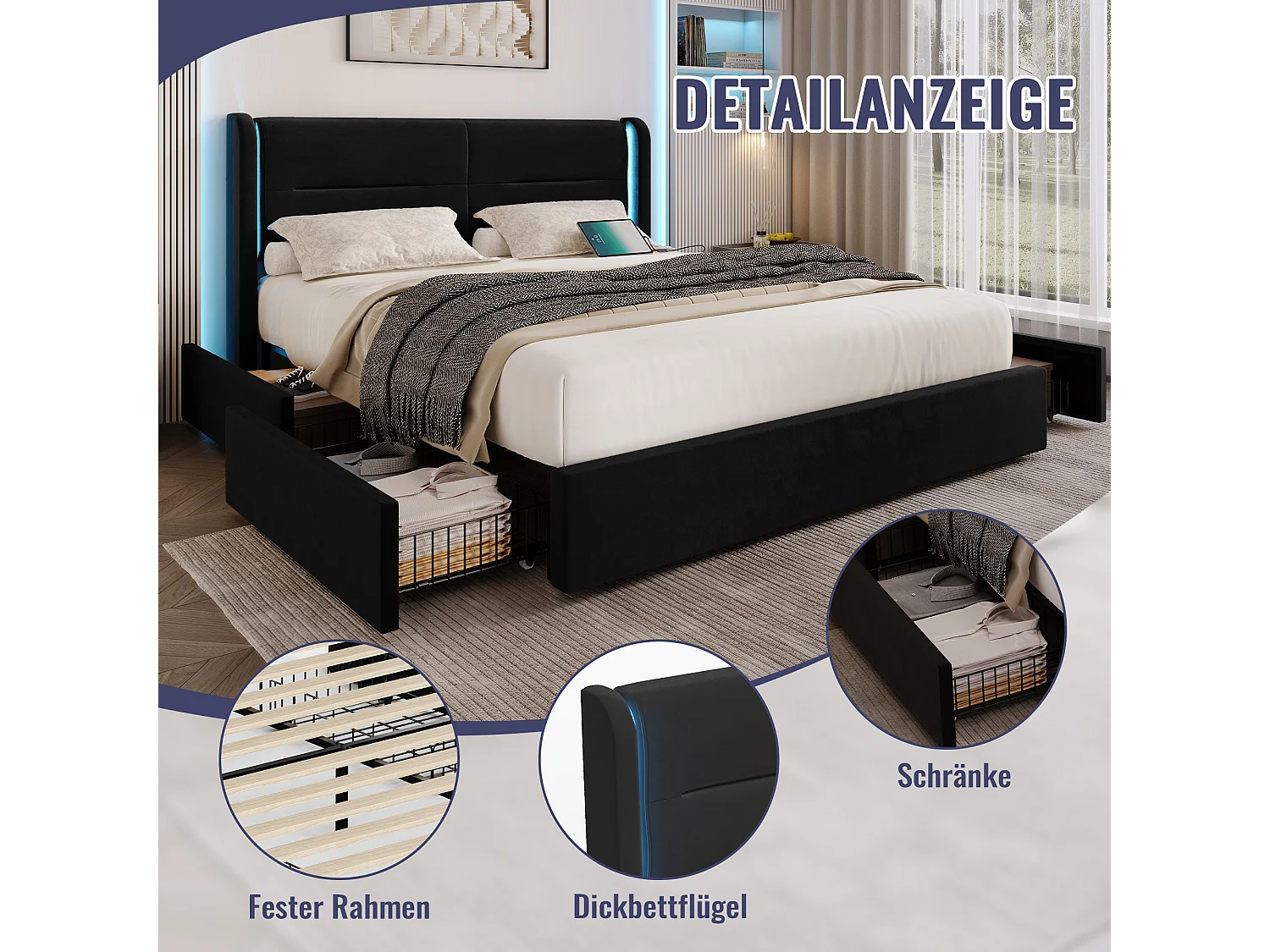 Cama moderna com arrumação - 140 x 200 cm - cabeceira com LEDs + 4 gavetas + 2 USB - veludo - preto