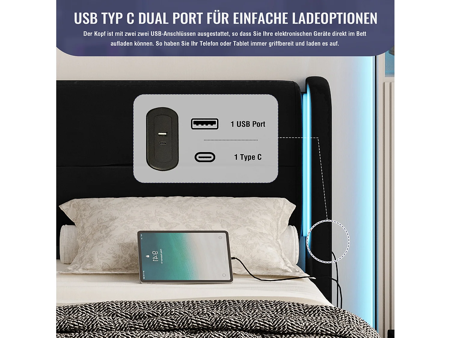 Cama moderna com arrumação - 140 x 200 cm - cabeceira com LEDs + 4 gavetas + 2 USB - veludo - preto