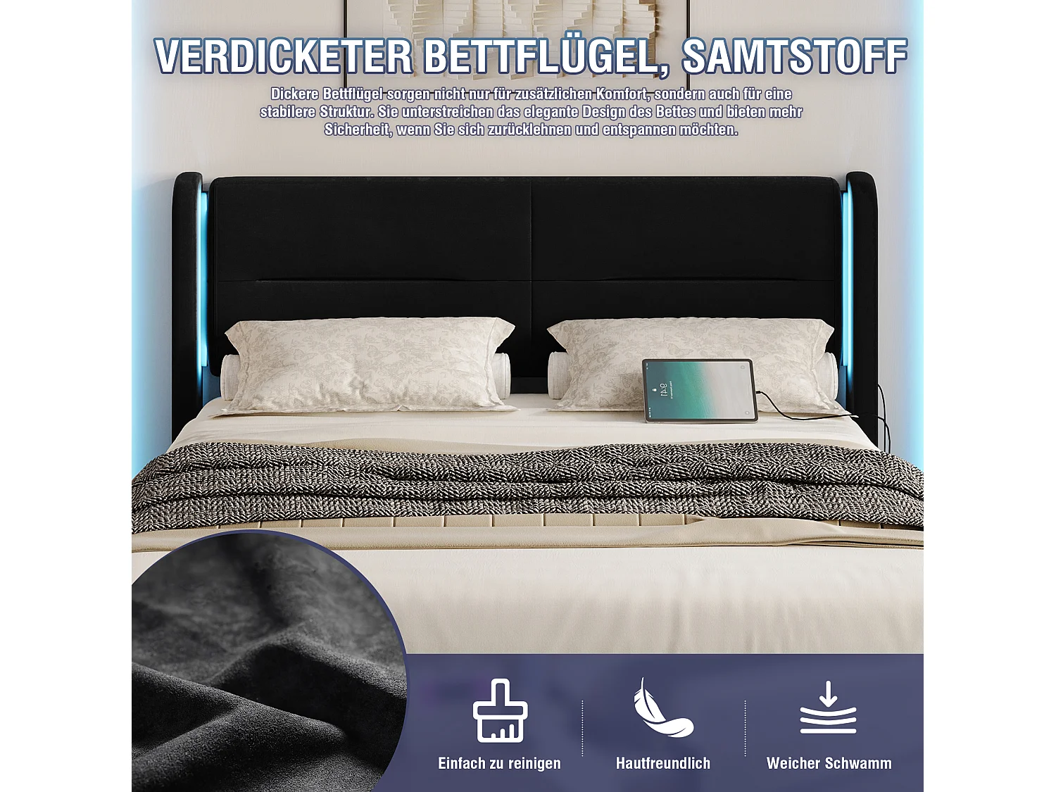 Cama moderna com arrumação - 140 x 200 cm - cabeceira com LEDs + 4 gavetas + 2 USB - veludo - preto