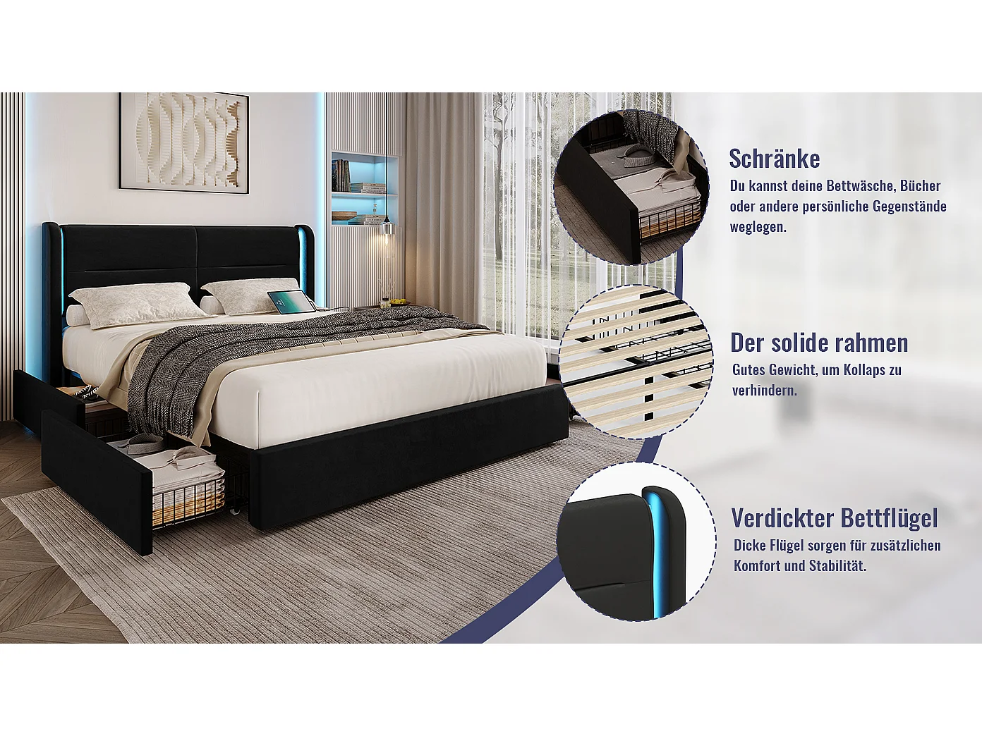 Cama moderna com arrumação - 140 x 200 cm - cabeceira com LEDs + 4 gavetas + 2 USB - veludo - preto