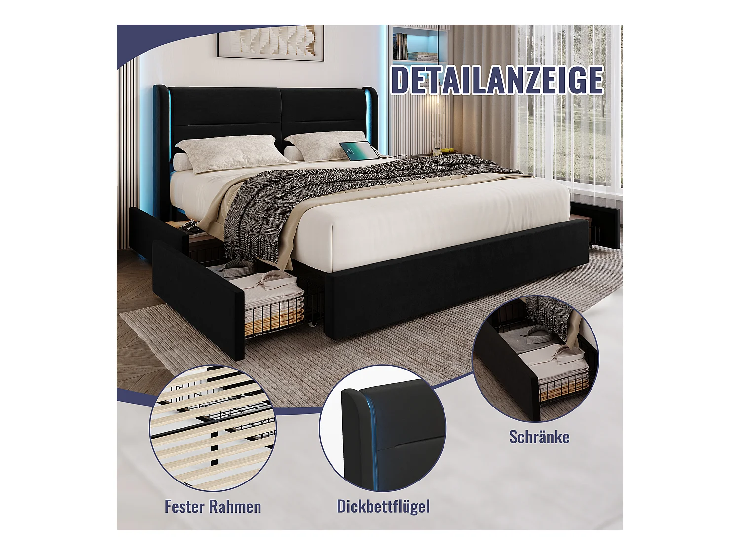 Lit coffre moderne - 160 x 200 cm - tête de lit avec Leds + 4 tiroirs + 2 USB - velours - noir