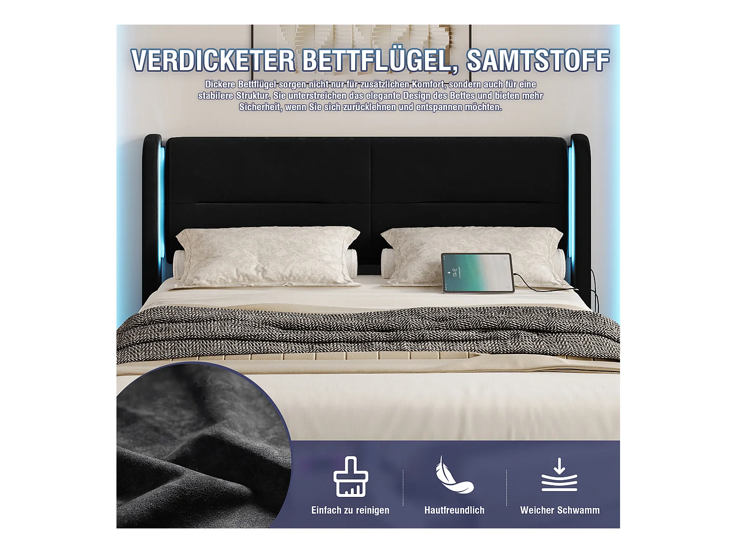 Lit coffre moderne - 160 x 200 cm - tête de lit avec Leds + 4 tiroirs + 2 USB - velours - noir