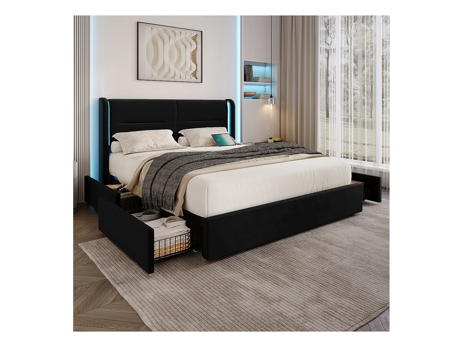 Cama moderna con almacenaje - 160 x 200 cm - cabecero con LED + 4 cajones + 2 USB - terciopelo - negro
