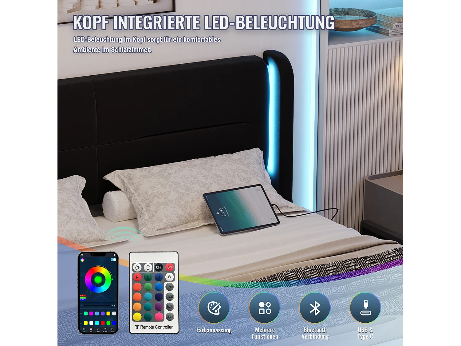 Cama moderna con almacenaje - 160 x 200 cm - cabecero con LED + 4 cajones + 2 USB - terciopelo - negro