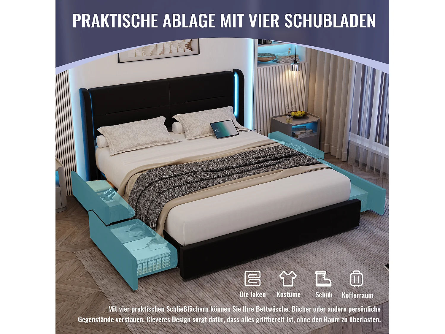 Cama moderna con almacenaje - 160 x 200 cm - cabecero con LED + 4 cajones + 2 USB - terciopelo - negro