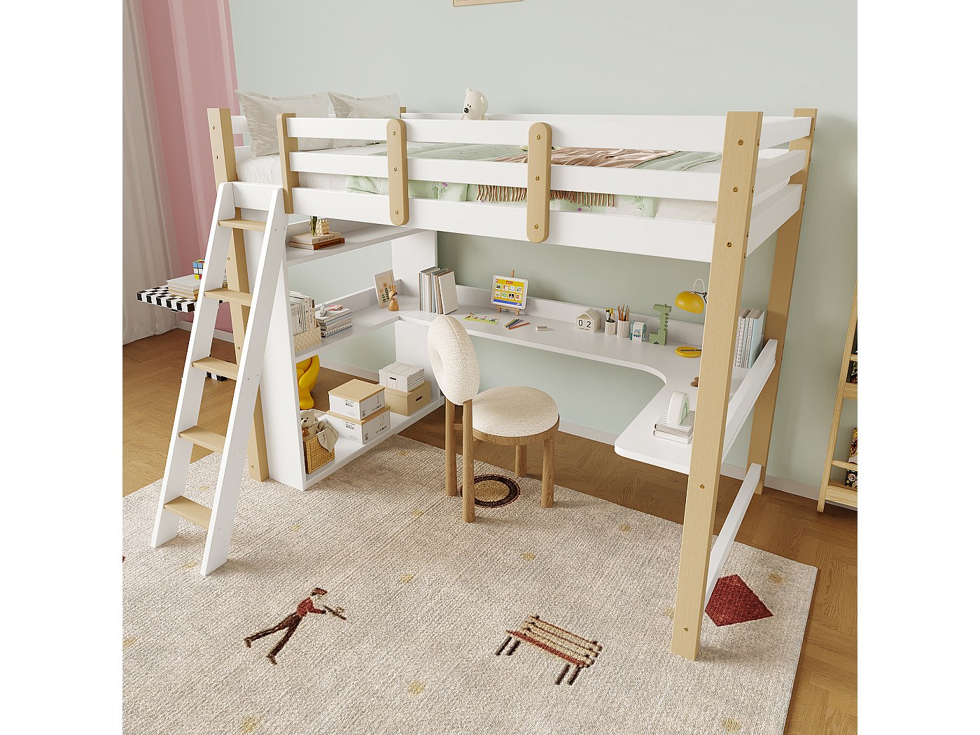 Lit Mezzanine Pour Enfant - 90 X 200 Cm - Avec Toit + Fenêtre + Toboggan - Pin + MDF - Blanc