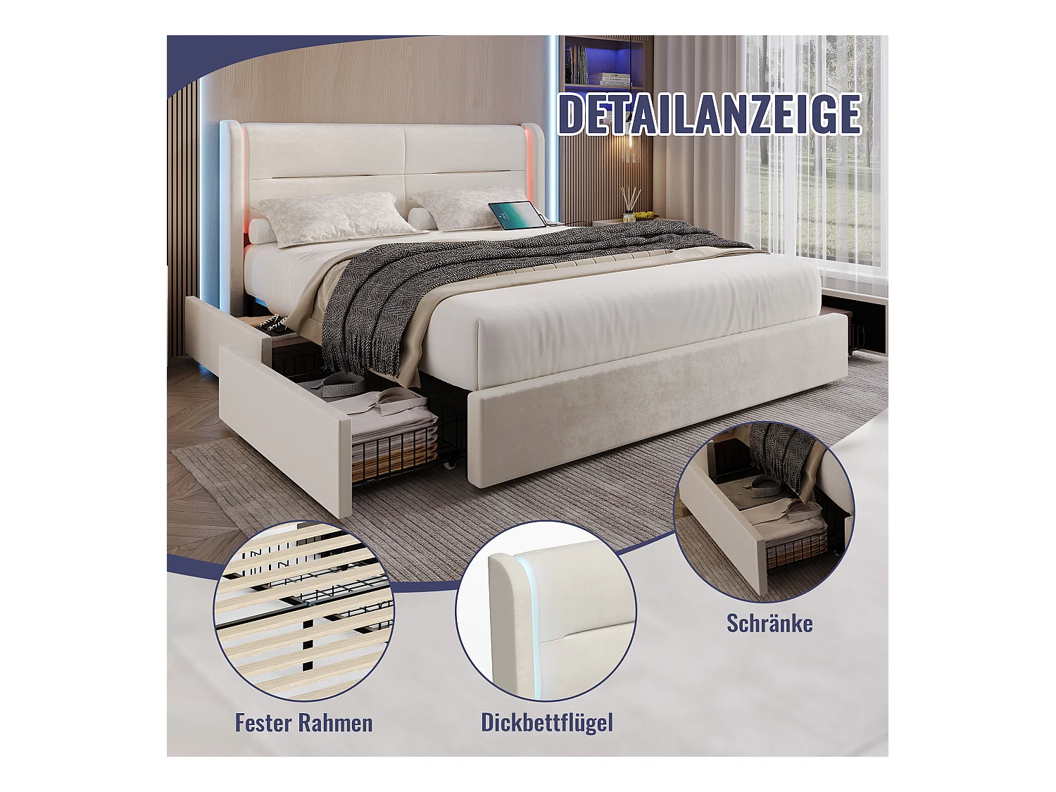 Lit coffre moderne - 160 x 200 cm - tête de lit avec Leds + 4 tiroirs + 2 USB - velours - beige