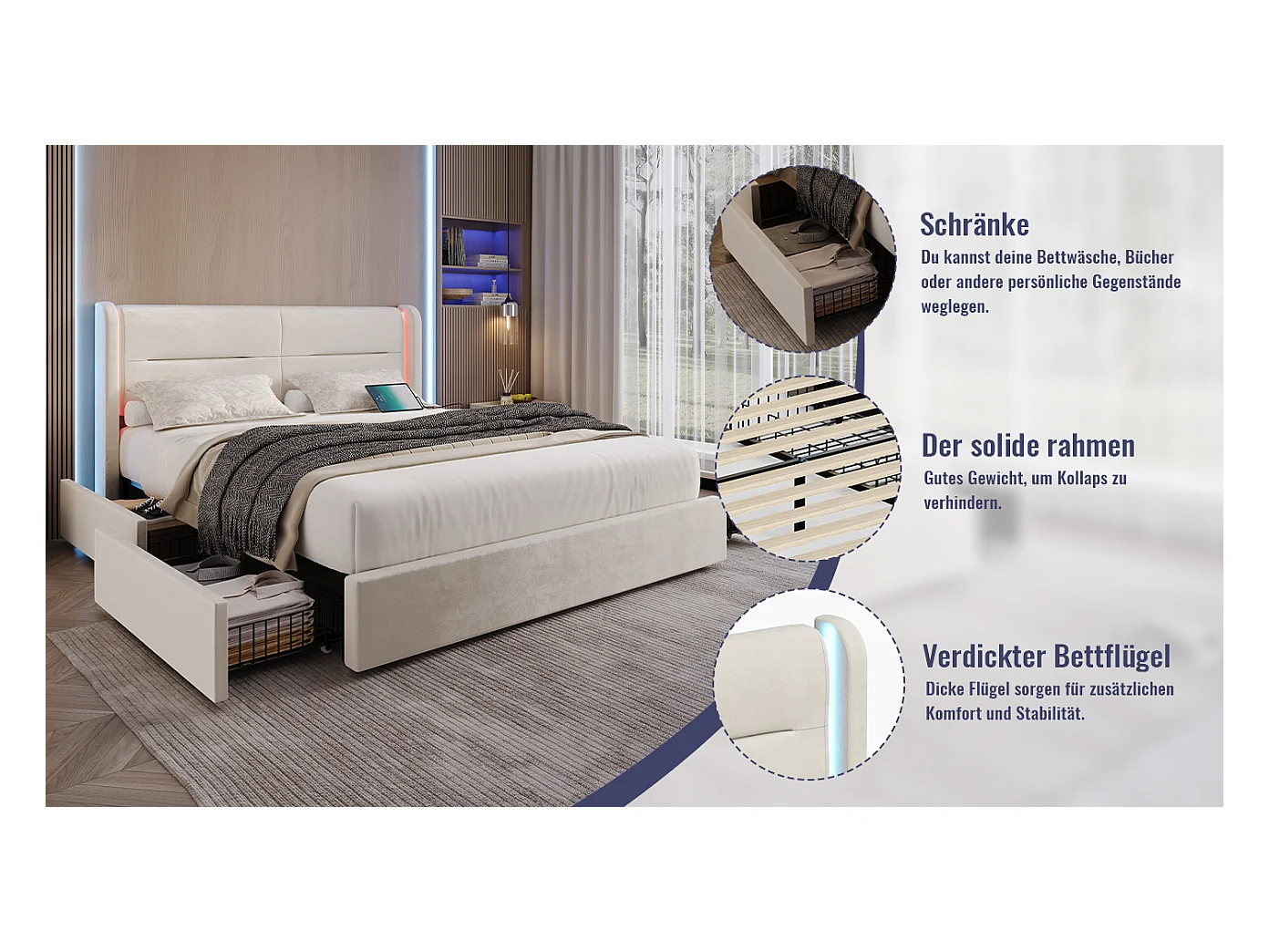 Lit coffre moderne - 160 x 200 cm - tête de lit avec Leds + 4 tiroirs + 2 USB - velours - beige