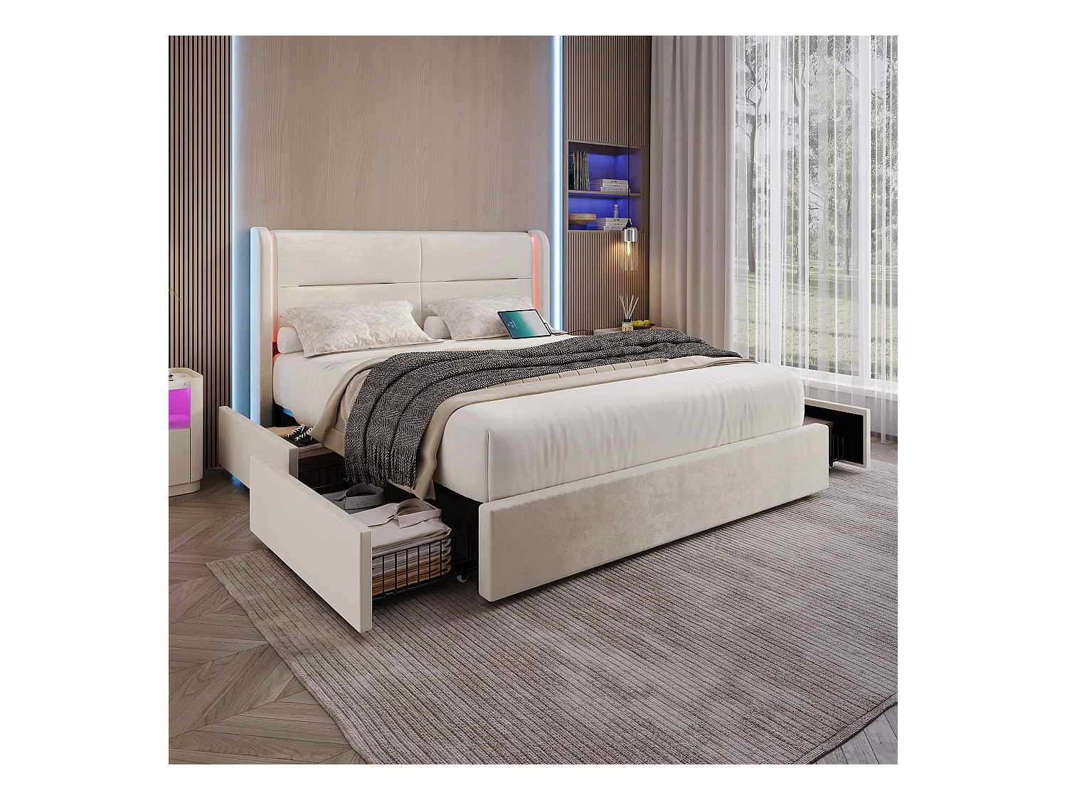 Lit coffre moderne - 160 x 200 cm - tête de lit avec Leds + 4 tiroirs + 2 USB - velours - beige