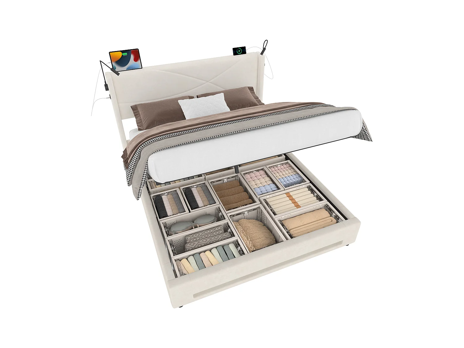 Lit coffre rembourré - 140 x 200 cm - avec 2 lampes + Leds +  ports USB - rangement hydraulique - velours - beige