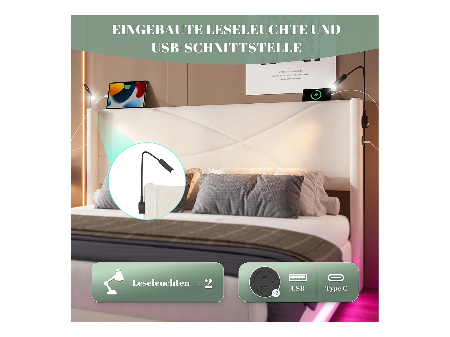 Lit coffre rembourré - 140 x 200 cm - avec 2 lampes + Leds +  ports USB - rangement hydraulique - velours - beige