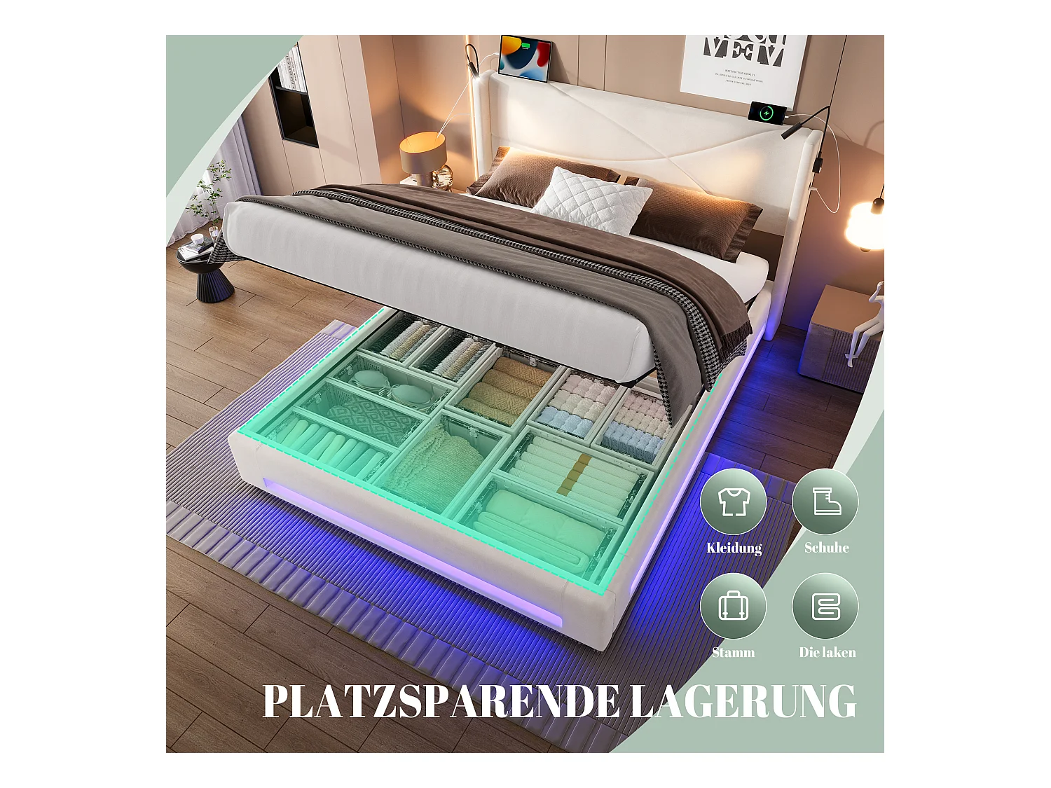 Lit coffre rembourré - 140 x 200 cm - avec 2 lampes + Leds +  ports USB - rangement hydraulique - velours - beige