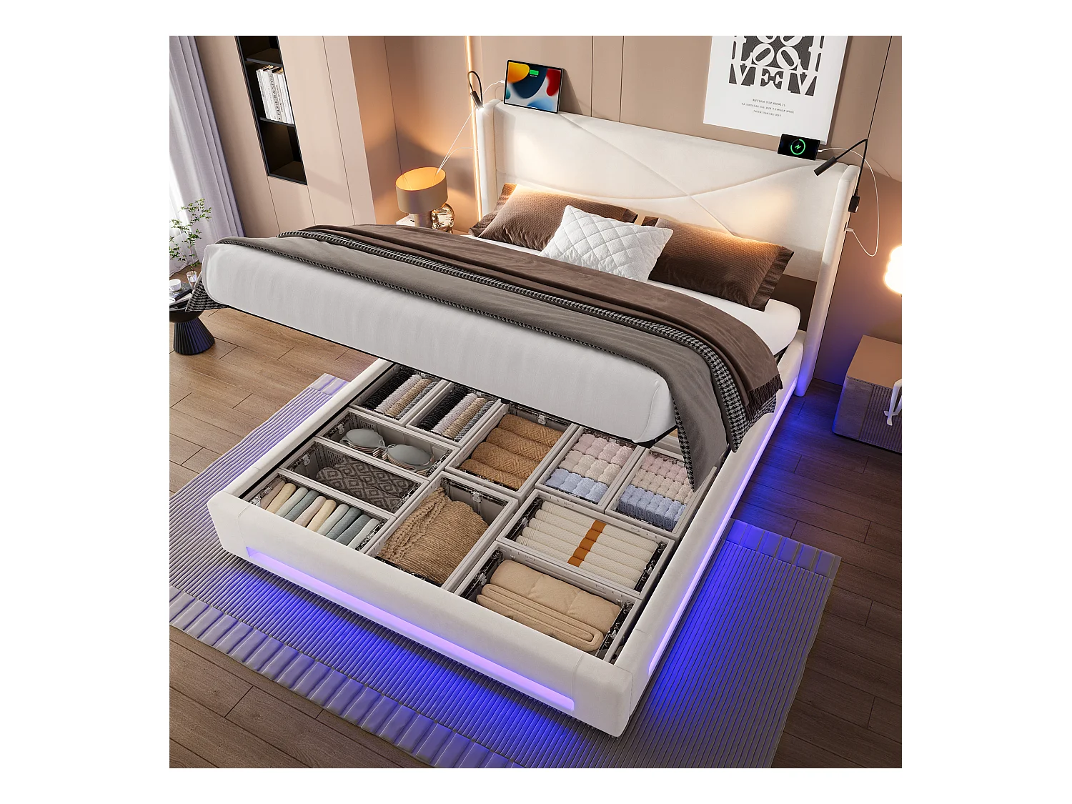 Gestoffeerd bed met opbergruimte - 140 x 200 cm - met 2 lampen + LED's + USB-poorten - hydraulische opbergruimte - fluweel - beige