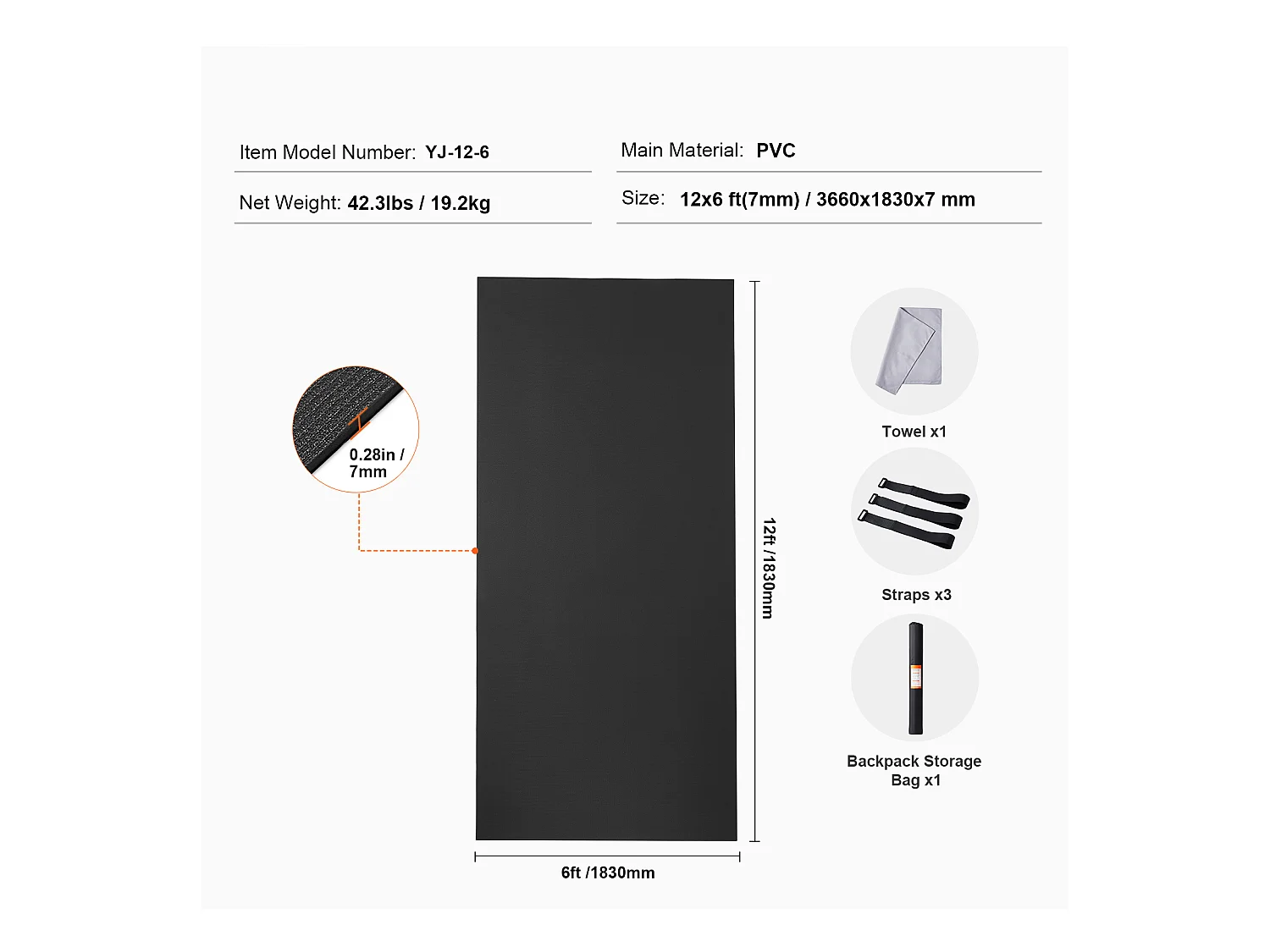 Tapis de Yoga SucceBuy, Tapis d'Exercice, 3,6 x 1,8 m, Antidérapant, Yoga, Fitness, Exercice, pour Yoga à Domicile, Pilates et Entraînement au Sol