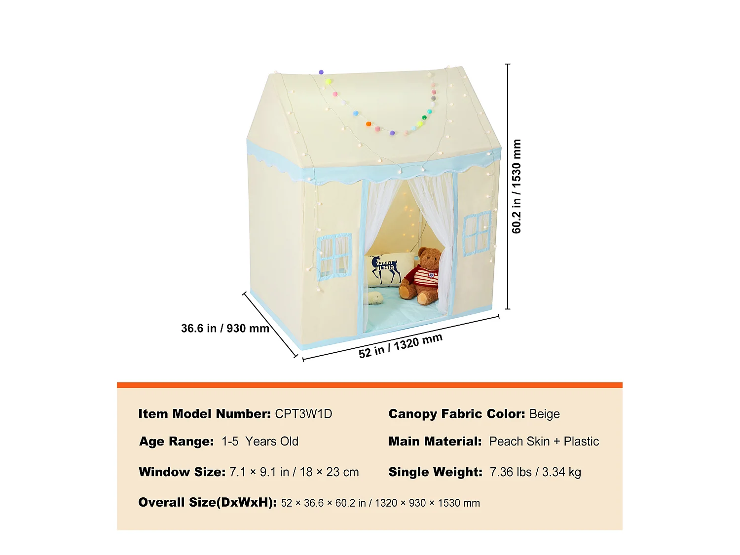 Tente de Jeu pour Enfants SucceBuy, 1 à 5 Ans, avec Tapis et Lampe