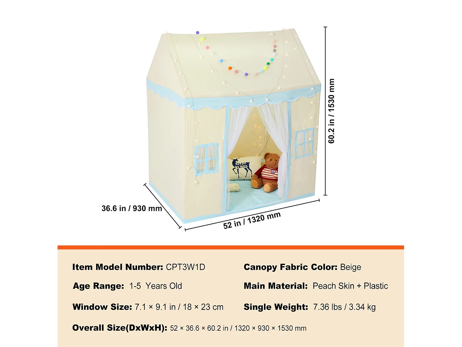 Tente de Jeu pour Enfants SucceBuy, 1 à 5 Ans, avec Tapis et Lampe