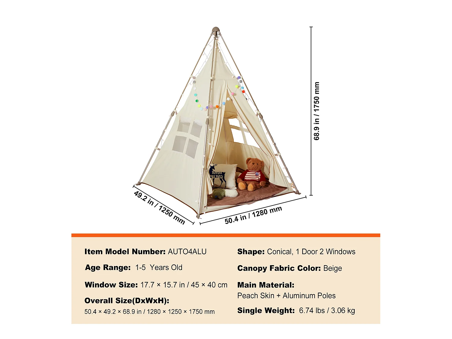 Tente de Jeu pour Enfants SucceBuy, Tente Tipi Pliable avec Tapis et Sac de Transport