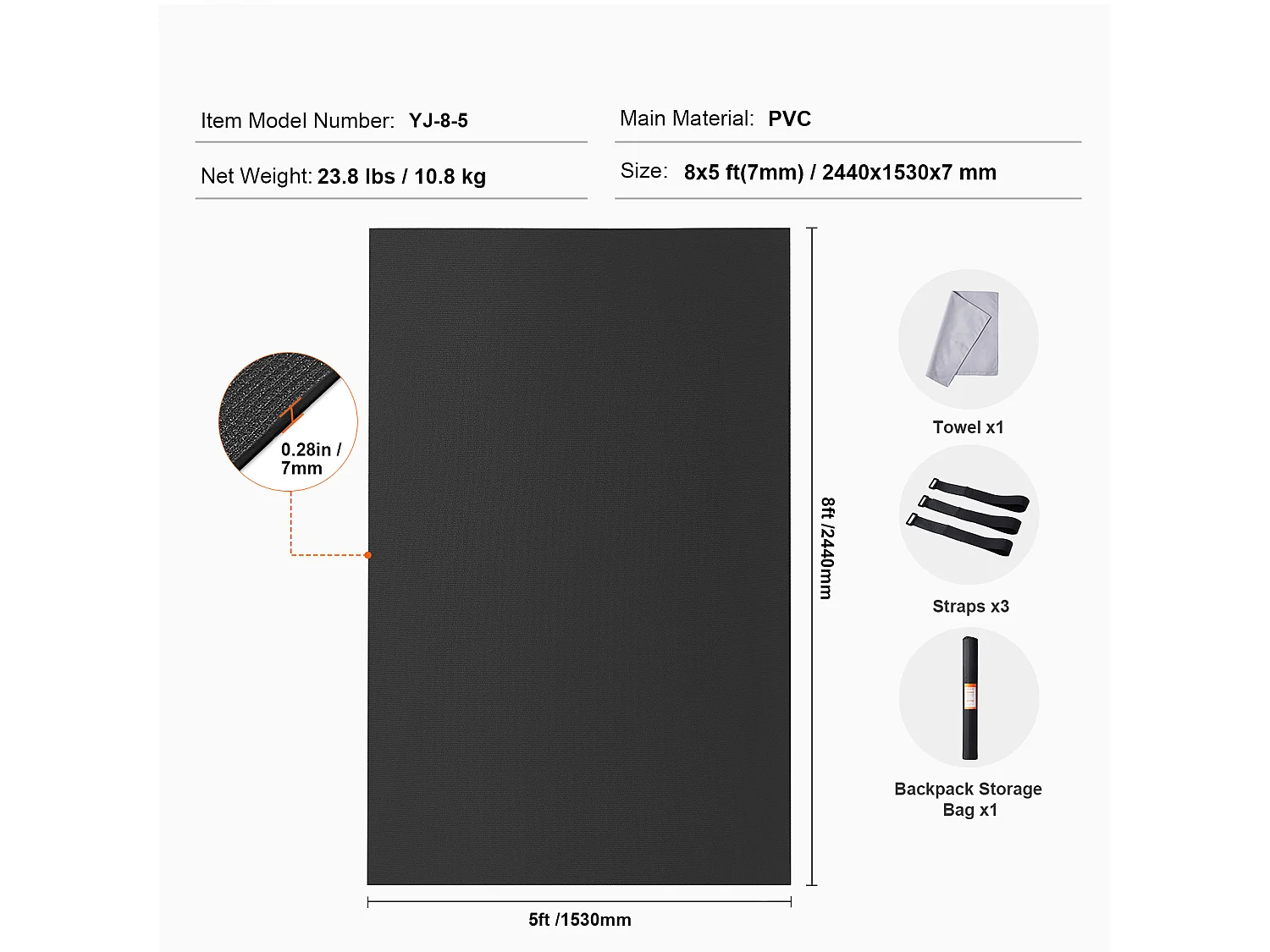 Tapete de Yoga SucceBuy, 2,4 x 1,5 m, Tapete de Yoga Antiderrapante de Alta Densidade, para Yoga em Casa, Pilates e Treinamento no Chão