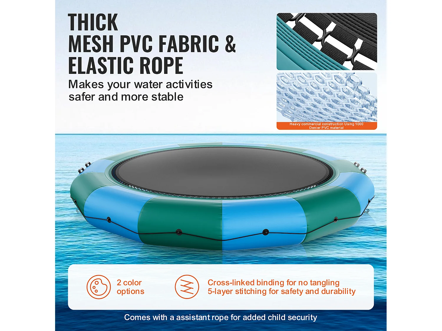 Trampoline Aquatique Gonflable SucceBuy 457 cm, Trampoline sur l’Eau 470x60 cm, Bleu-Vert