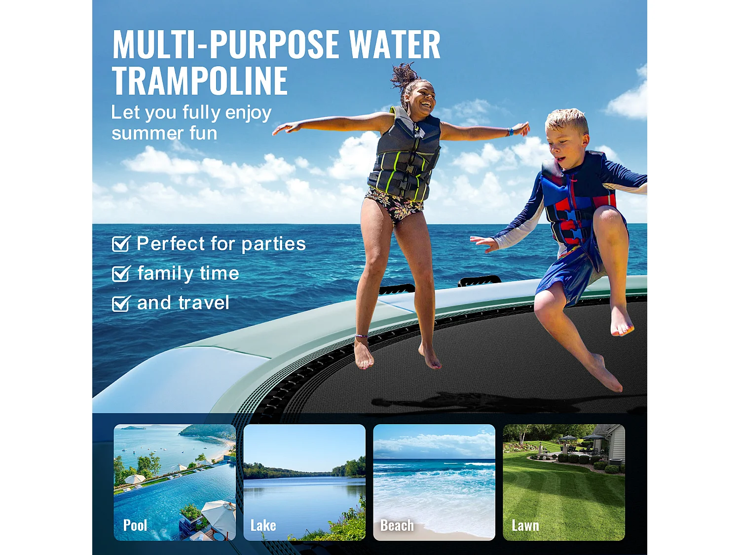 Trampoline Aquatique Gonflable SucceBuy 457 cm, Trampoline sur l’Eau 470x60 cm, Bleu-Vert