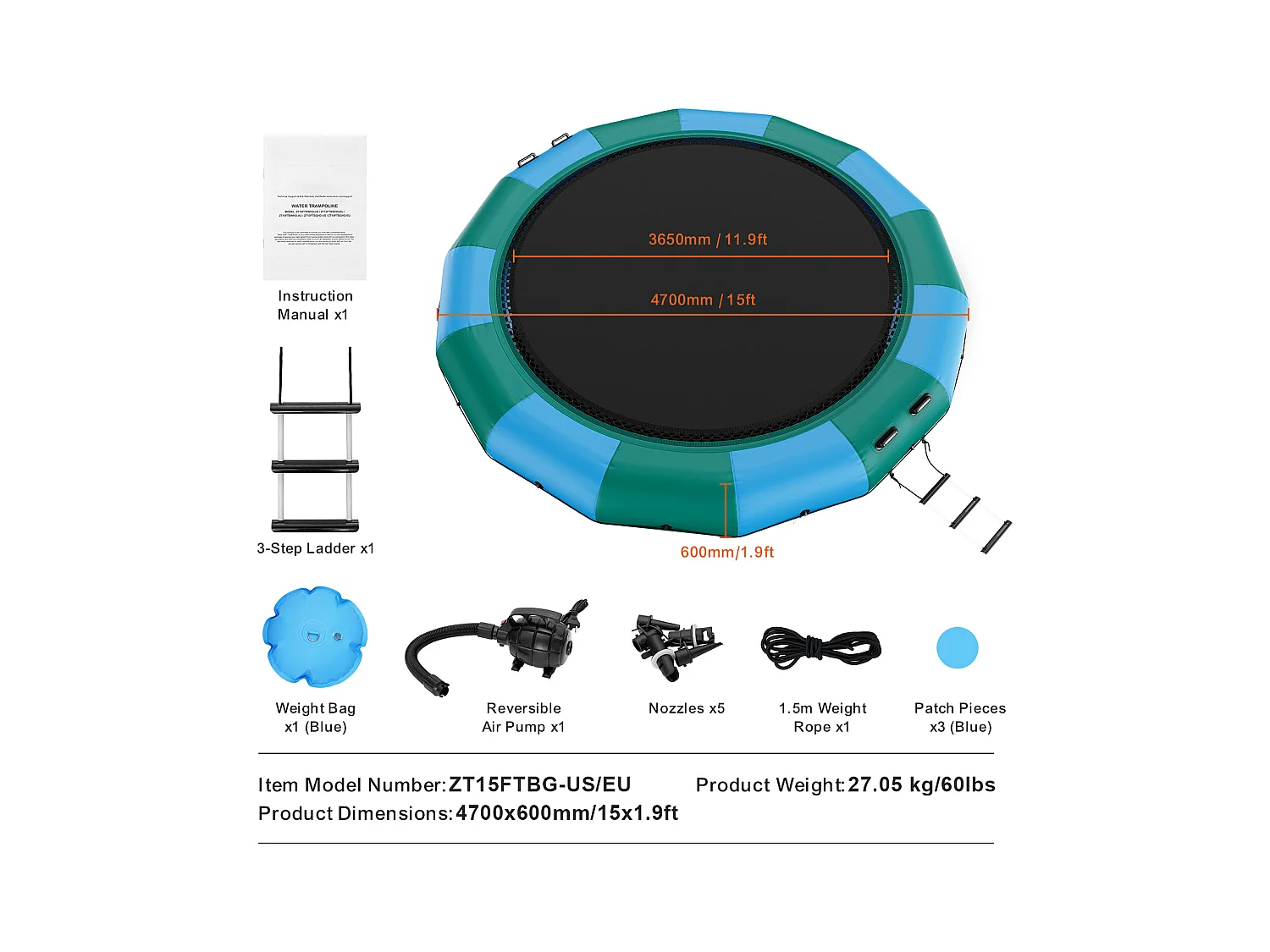 Trampoline Aquatique Gonflable SucceBuy 457 cm, Trampoline sur l’Eau 470x60 cm, Bleu-Vert