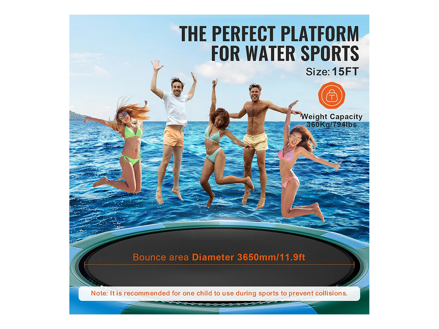 Trampoline Aquatique Gonflable SucceBuy 457 cm, Trampoline sur l’Eau 470x60 cm, Bleu-Vert