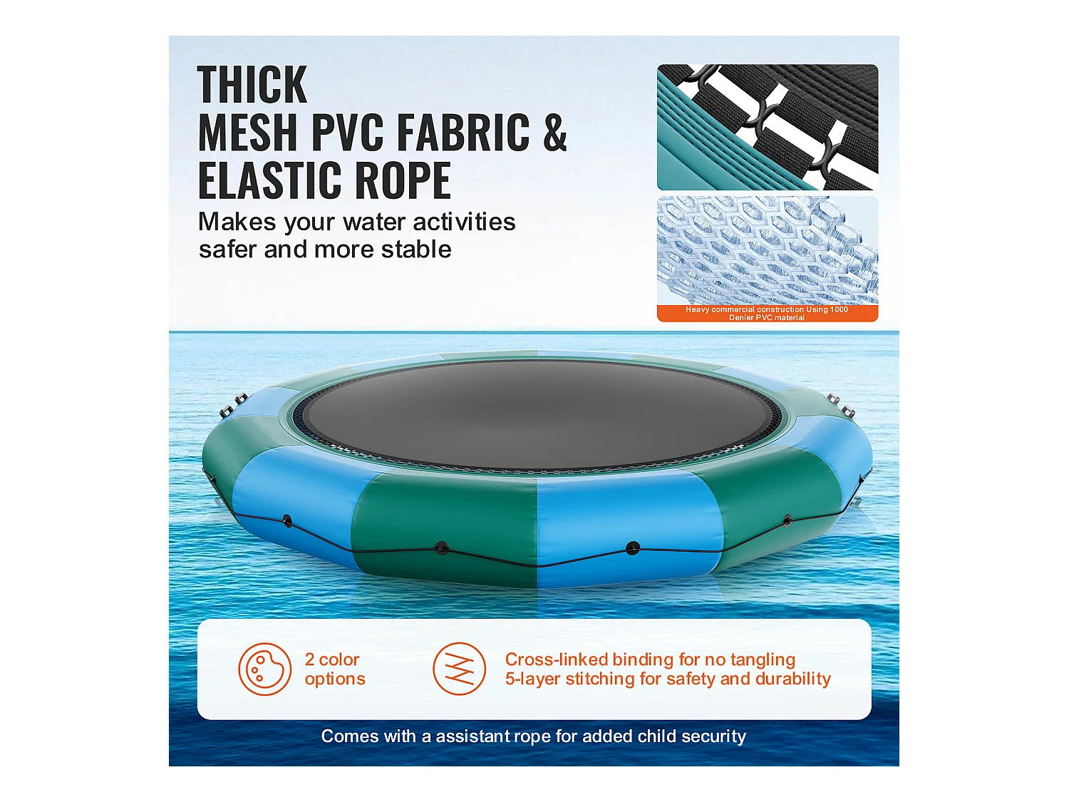 Trampoline Aquatique Gonflable SucceBuy 457 cm, Trampoline sur l’Eau 470x60 cm, Bleu-Vert