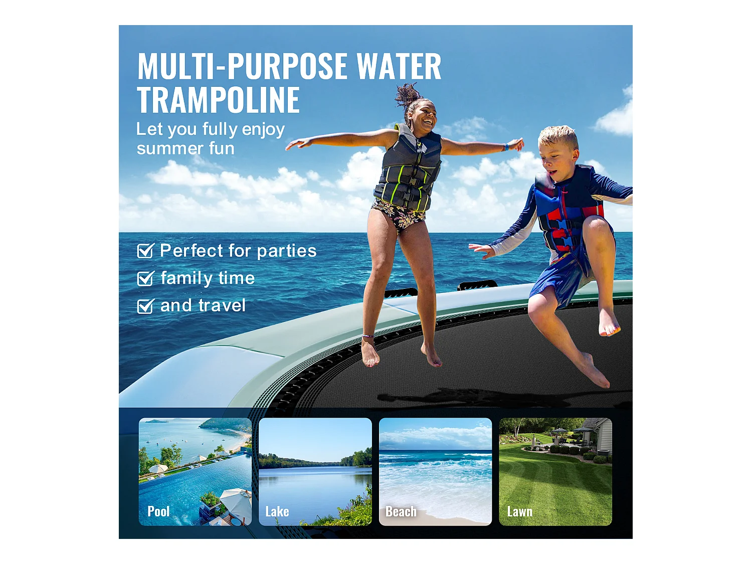Trampoline Aquatique Gonflable SucceBuy 457 cm, Trampoline sur l’Eau 470x60 cm, Bleu-Vert