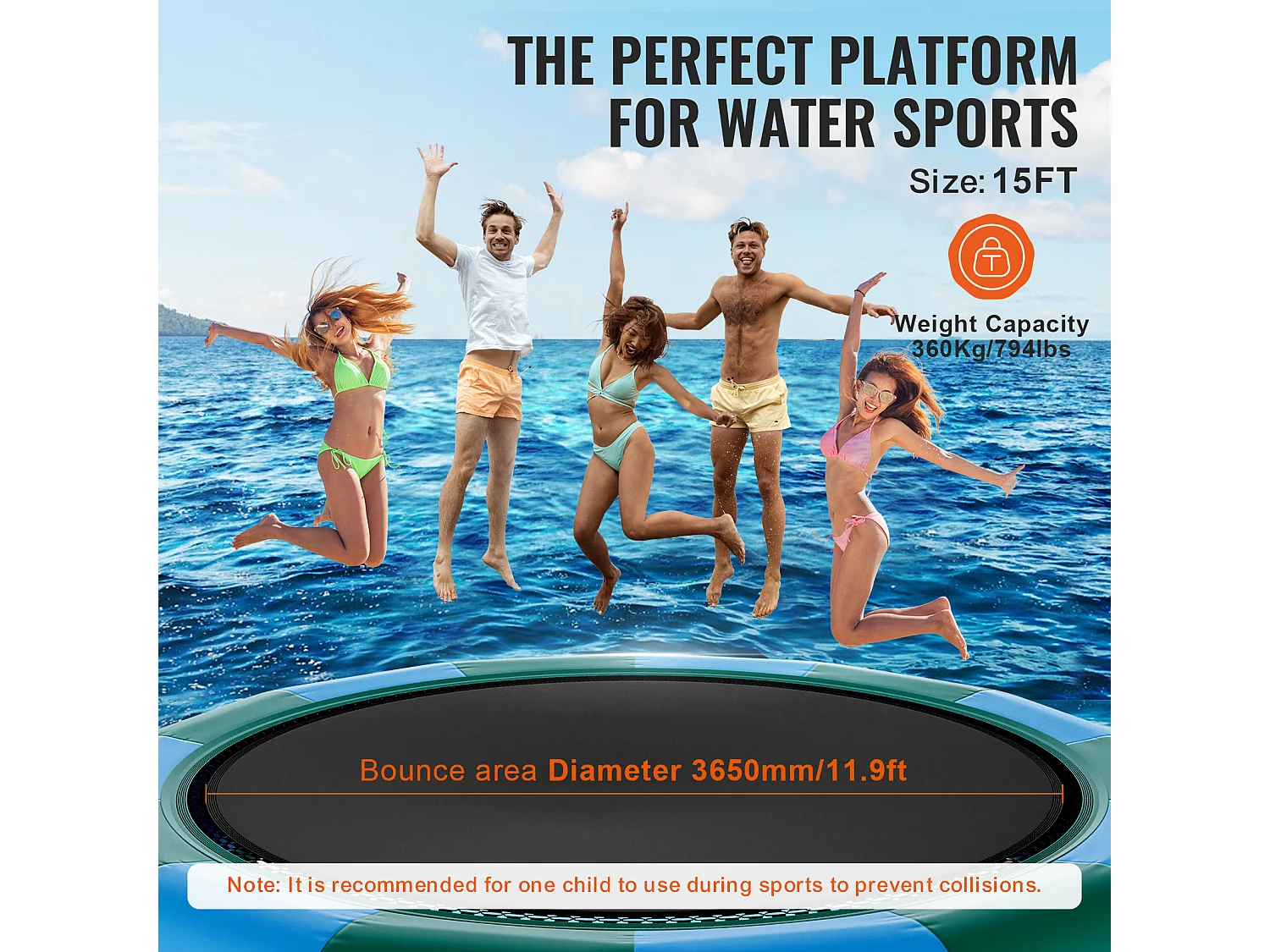 Trampoline Aquatique Gonflable SucceBuy 457 cm, Trampoline sur l’Eau 470x60 cm, Bleu-Vert